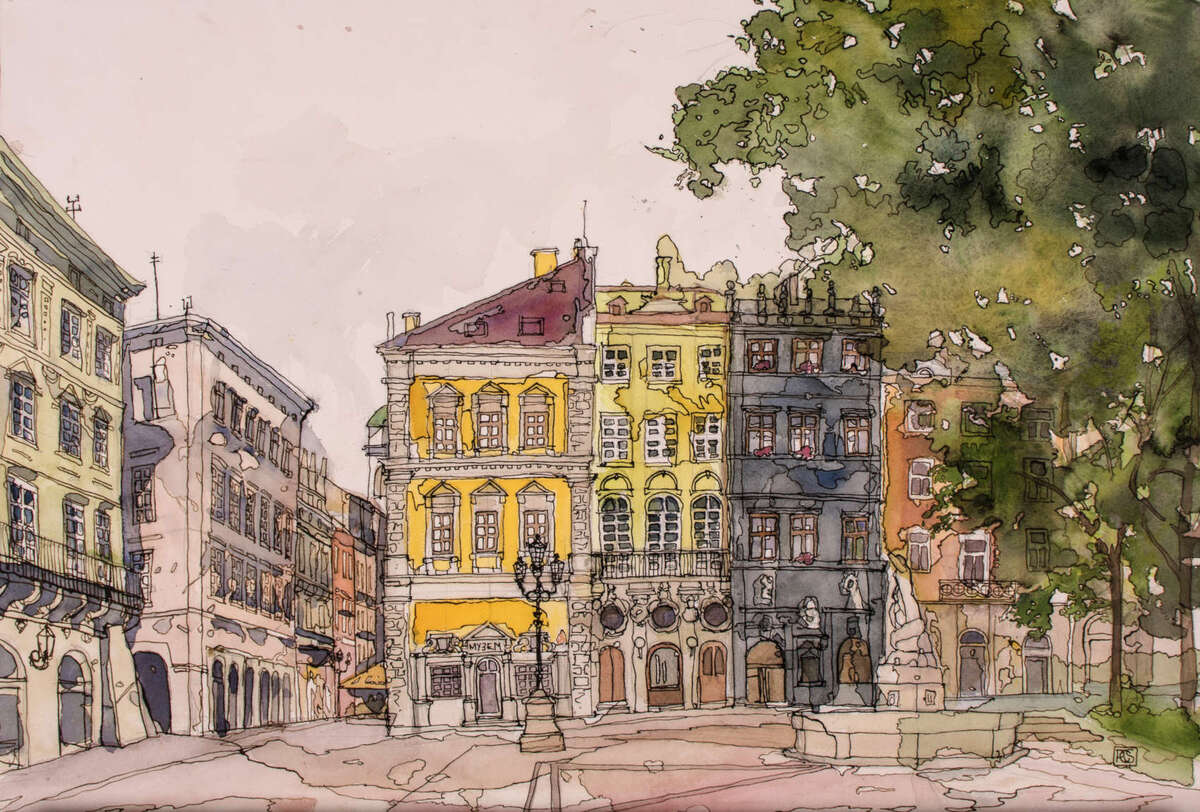 Watercolour painting of Rynok Square, L'viv, Ukraine